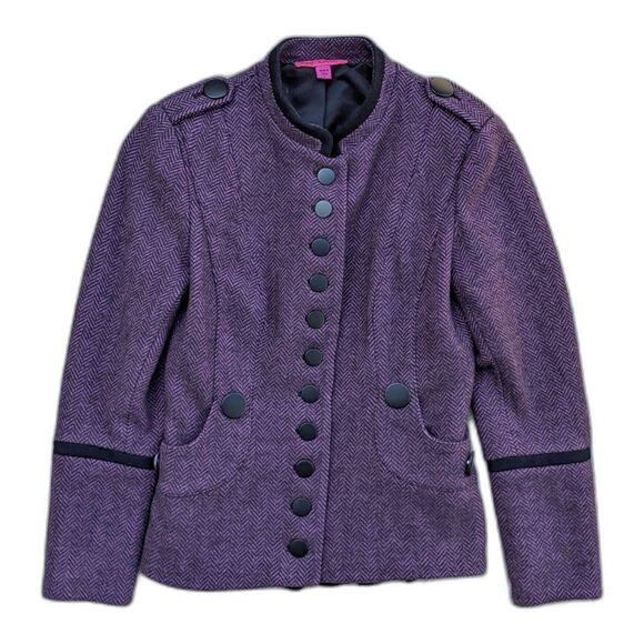 VTG. Y2K BETSEY JOHNSON Purple Wool Blend Herringbone Tweed Peplum Jacket Sz 4 - Picture 5 of 8